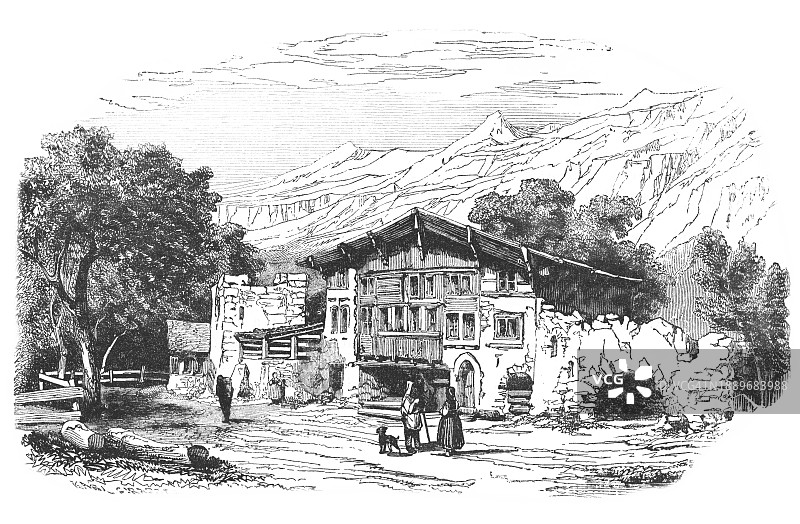 瑞士中部乌里州阿姆斯特格的盖斯勒房屋古老雕刻插图图片素材