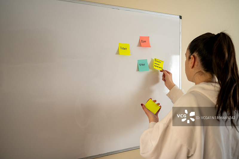 年轻女学生在学习墙上贴便利贴图片素材
