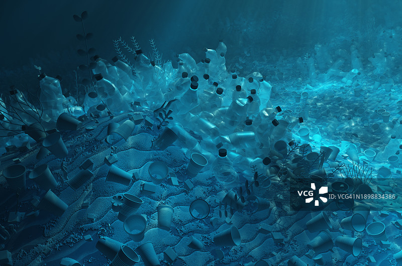 海底特写：塑料餐具垃圾污染图片素材