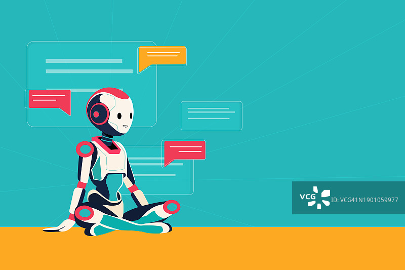AI聊天机器人插图概念：通过智能手机和电脑与人交谈的聊天机器人图片素材