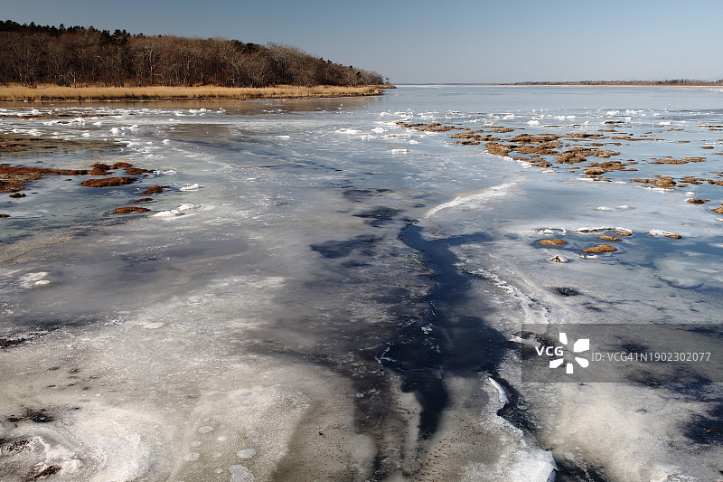 背景为森林岛屿的冰封湖面图片素材