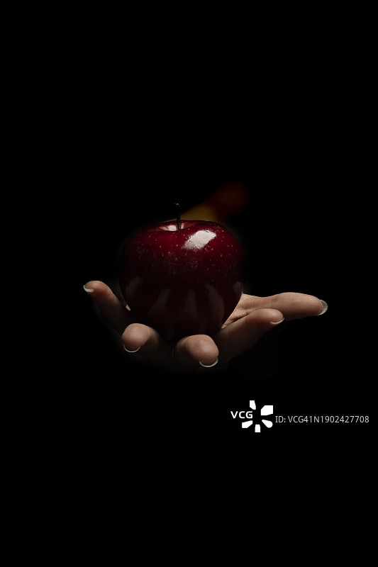 黑色背景上手持苹果的手部特写图片素材