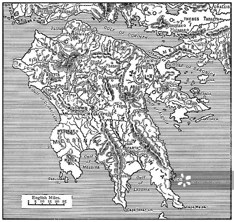 希腊伯罗奔尼撒半岛古版画地图图片素材