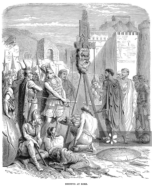 高卢领袖布伦努斯击败罗马人古老雕刻插画图片素材