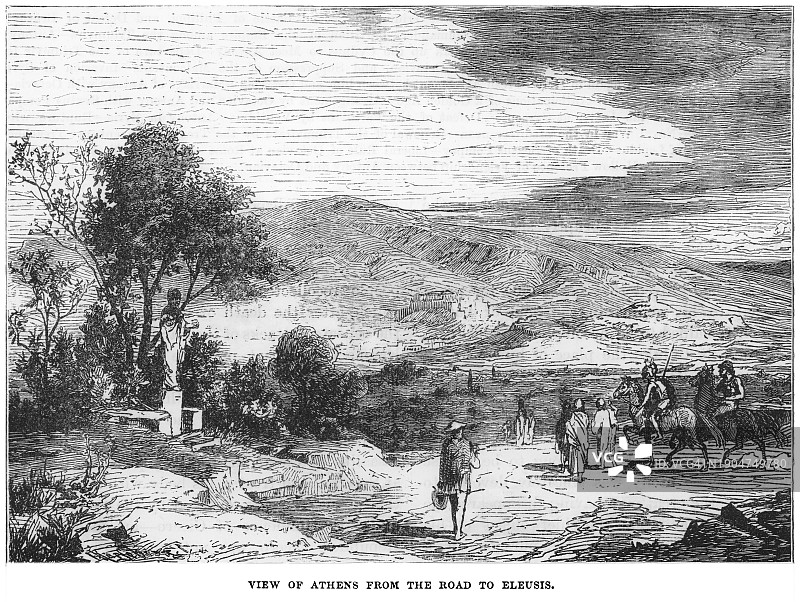 雅典古希腊圣道景观老式雕刻插图（从雅典到埃莱夫西纳的道路）图片素材