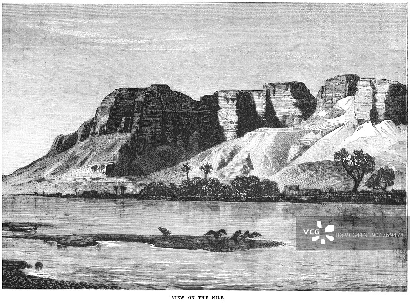 埃及尼罗河风光古版画插图图片素材