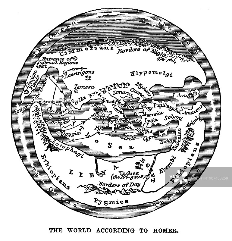 荷马（希腊诗人）的世界古董地图图片素材