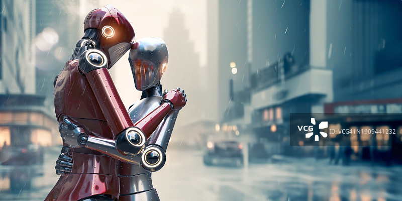 雨天市中心，两个机器人的亲密拥抱图片素材