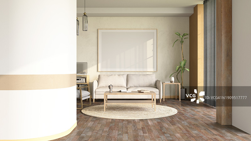 斯堪的纳维亚风格米色客厅，配有家具和空白相框图片素材