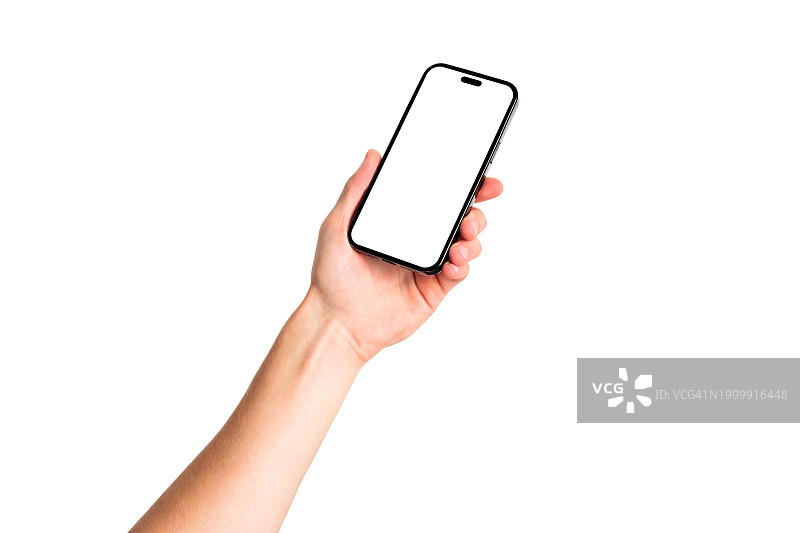 男人手持白色屏幕的现代空白Iphone手机模型，白色背景图片素材