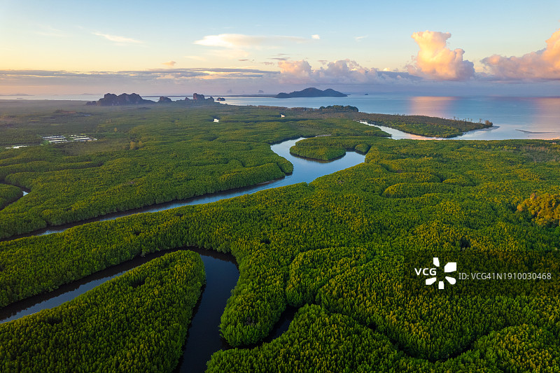 泰国董里府日出时分的海上红树林航拍图片素材