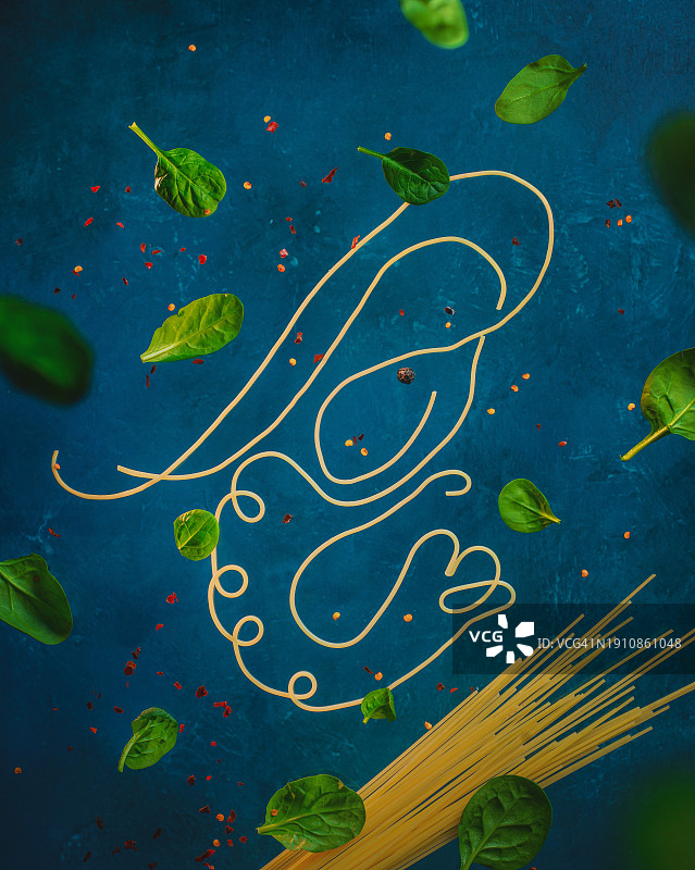 虾仁意面绘画作品，意面与菠菜的艺术扁平风格图片素材