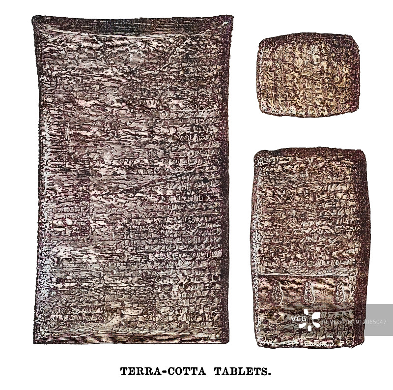 老式雕刻插图：古代赤陶（粘土）板图片素材
