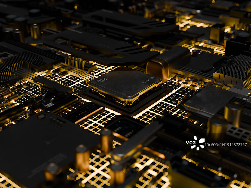 带黄色科幻环境的主板上的量子半导体CPU图片素材