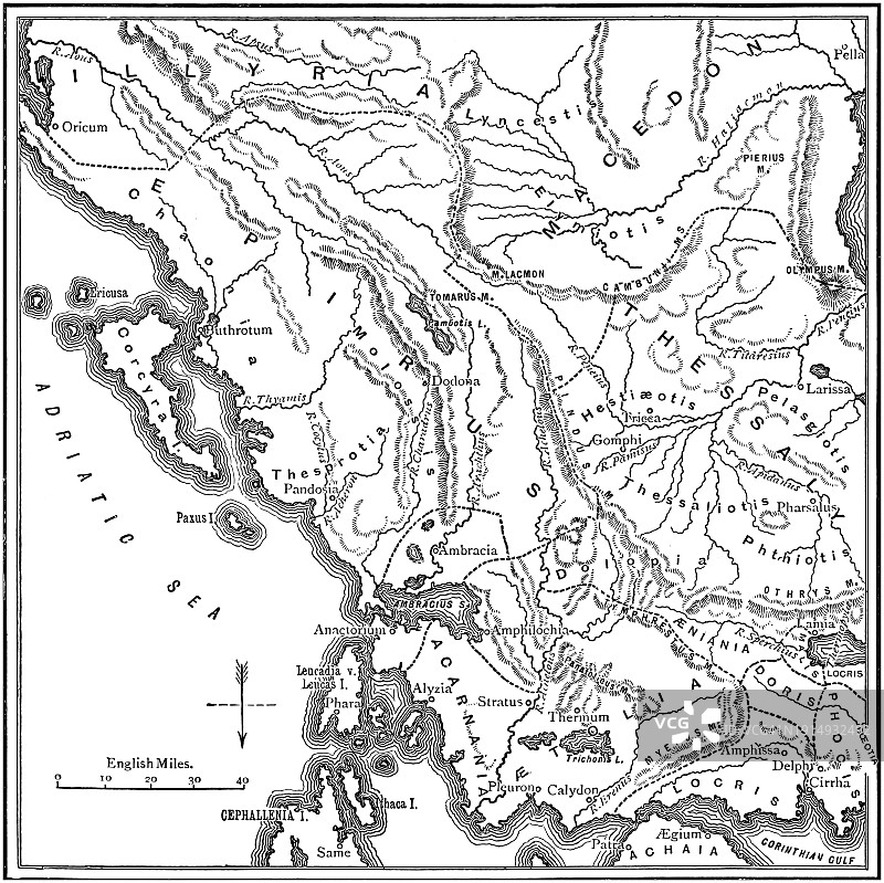 伊庇鲁斯和希腊西部古版画地图图片素材