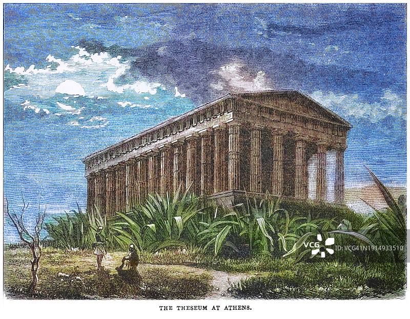 献给赫菲斯托斯的希腊神庙旧版雕刻插图图片素材