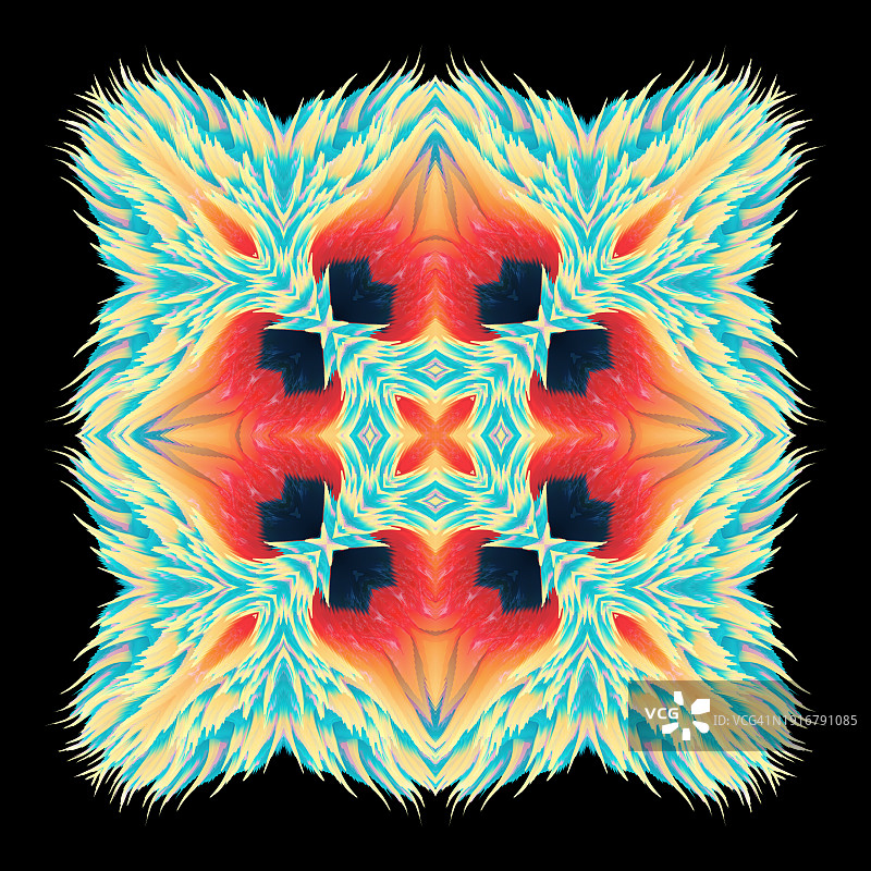 黑色背景上的黄色橙色深奥灵性星星复古全息几何抽象花朵形状。音乐海报，杂志封面图片素材