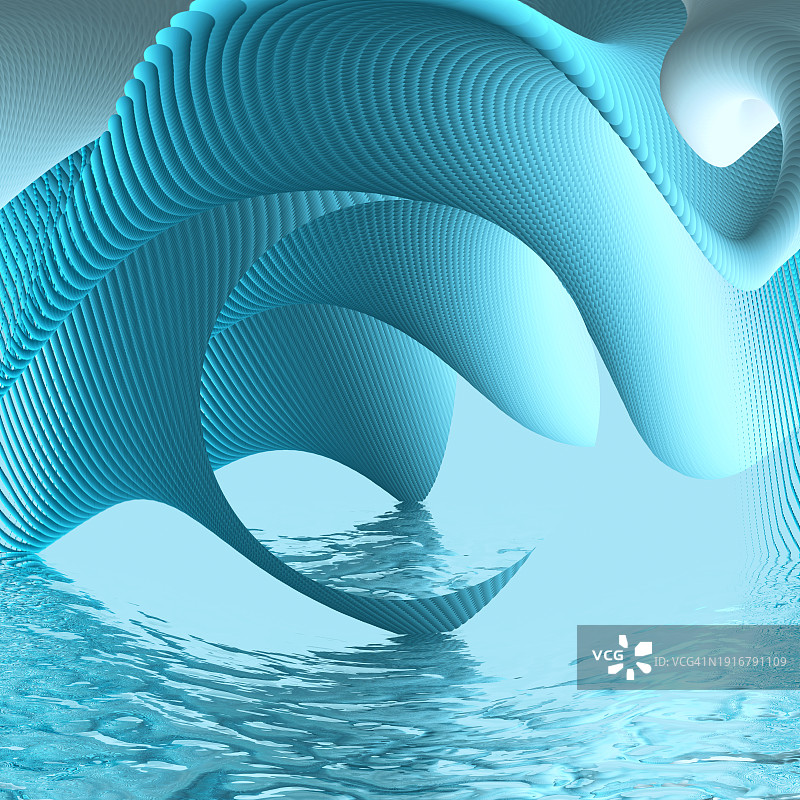 2.5D几何抽象蓝色波浪圆形拱门水面反射背景封面音乐海报杂志复古风图片素材