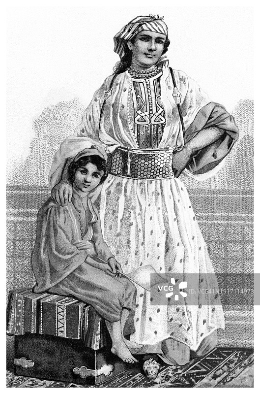 老式彩色石印民族学插图：摩洛哥丹吉尔的妇女和儿童图片素材