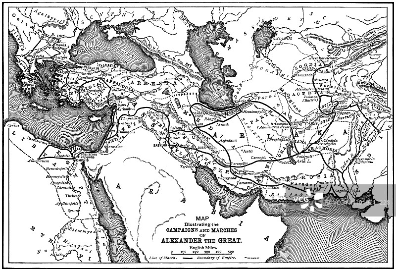 亚历山大大帝的战役和行军路线古老雕刻地图图片素材