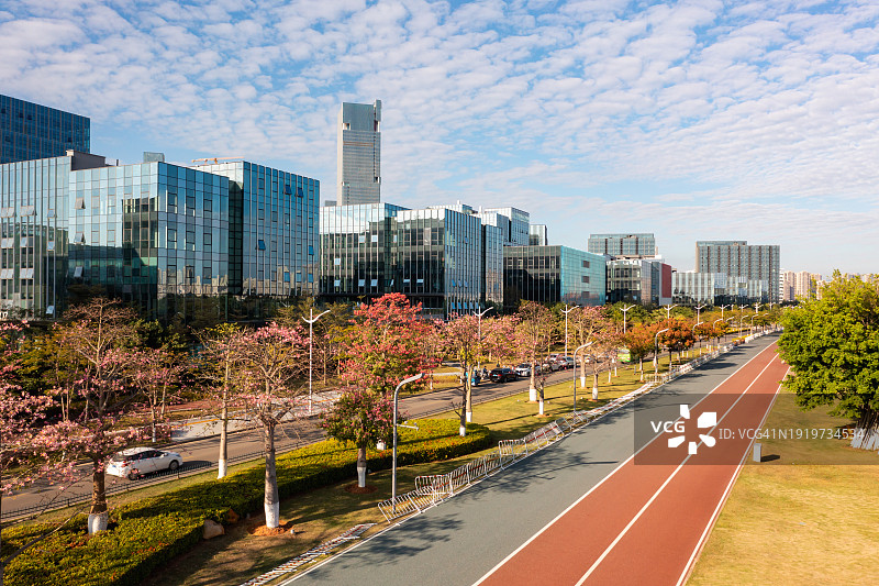 秋季的城市公园和金融区建筑图片素材