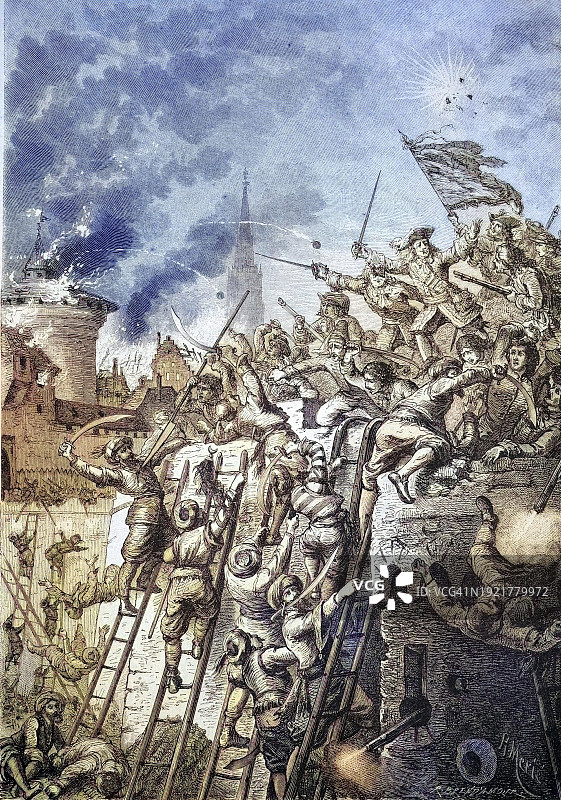 施塔肯贝格伯爵在维也纳保卫战中抵抗土耳其人（1883年历史雕刻复刻）图片素材