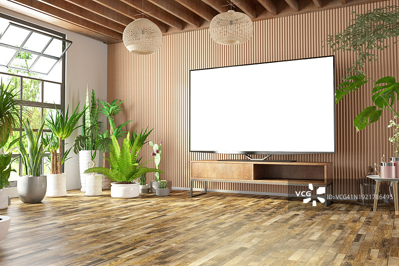 舒适木质室内摆满室内植物的空电视屏幕图片素材