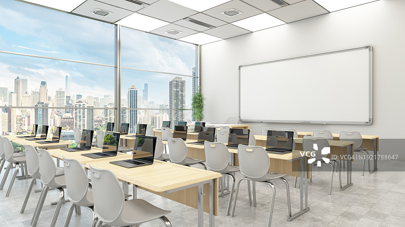 简约风格现代白色教室与笔记本电脑图片素材