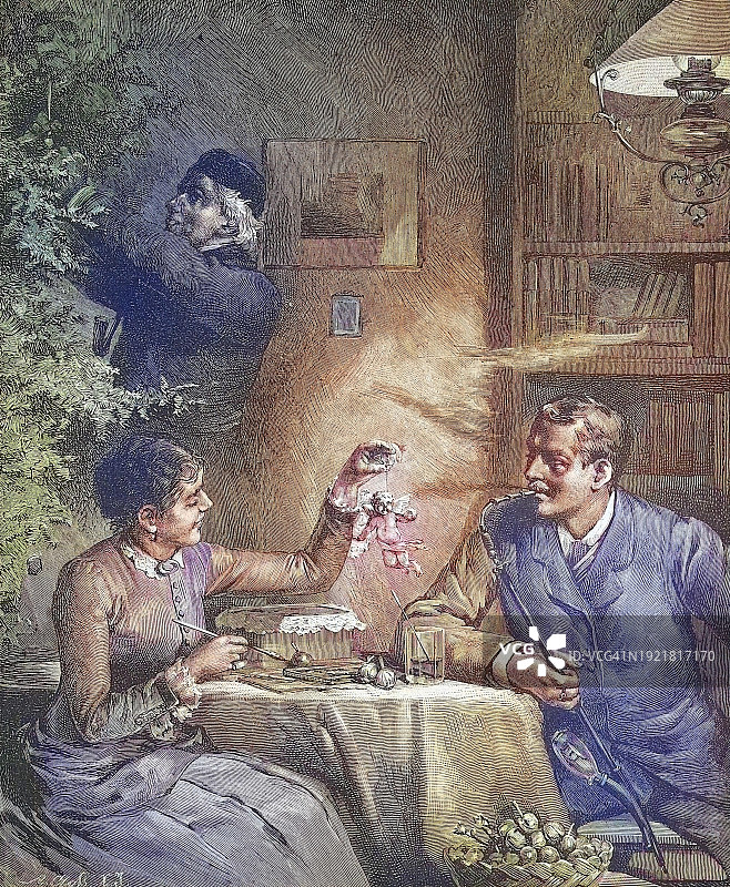 情侣准备圣诞夜，女子绘制圣诞树装饰品，男子在家抽烟斗（德国，约1885年，19世纪原版数字修复再版）图片素材