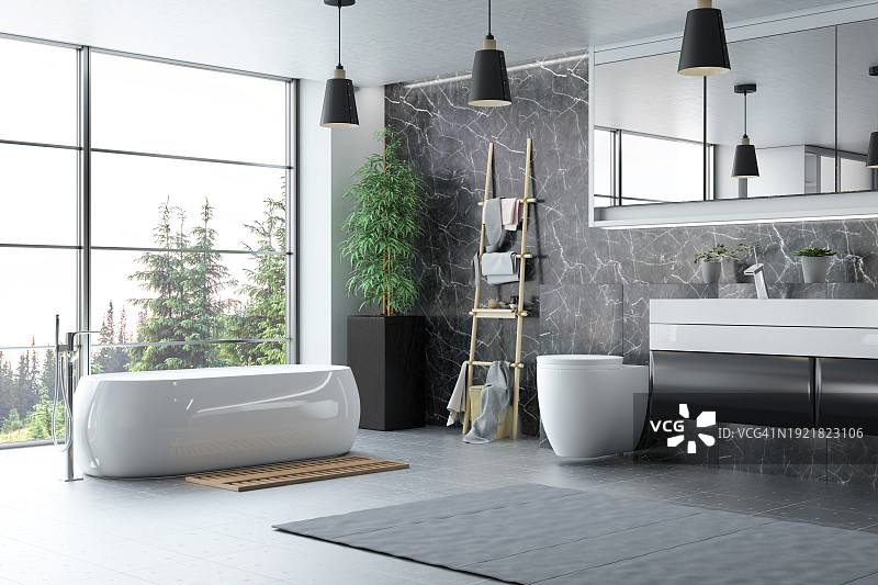 享有森林景观的现代浴室内景图片素材
