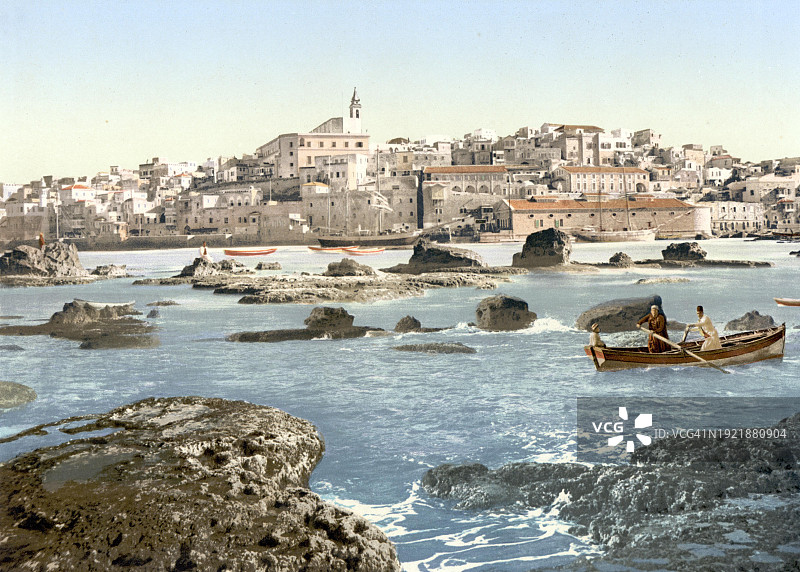 从海上看雅法，圣地，以色列，约1890年，历史数码修复再版，亚洲图片素材