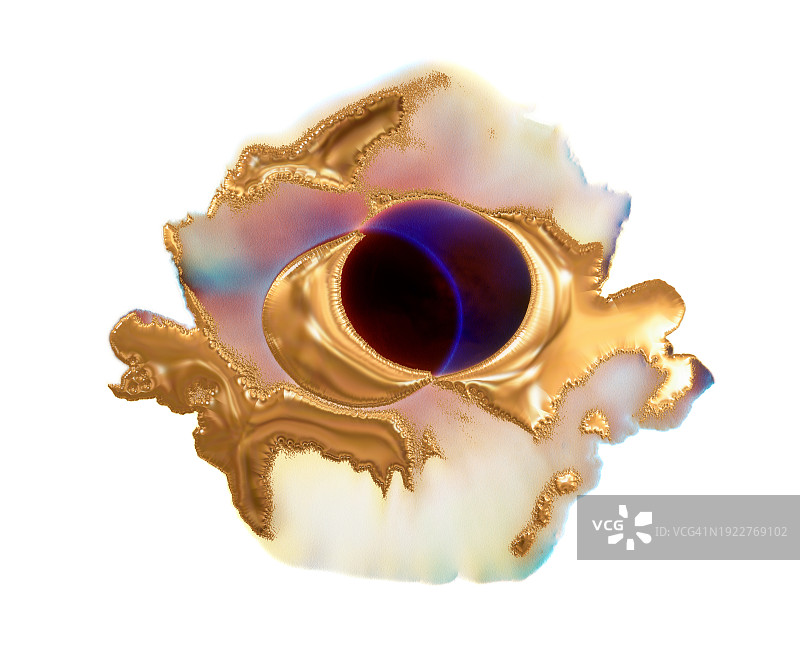 白色画布上混合的金色金属液体与红色液体图片素材