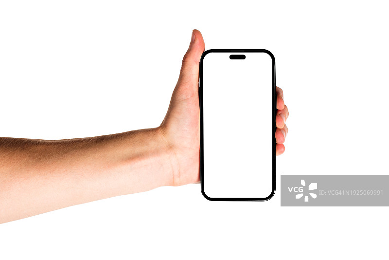 手持白色空白智能手机模型，白色背景图片素材