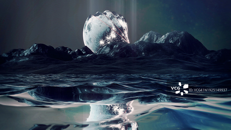 梦幻月亮、海洋和山脊图片素材