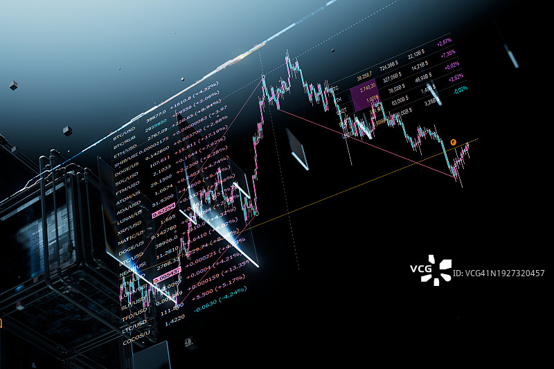 具有技术股票市场图形信息的抽象未来派显示数据CGI-库存照片图片素材