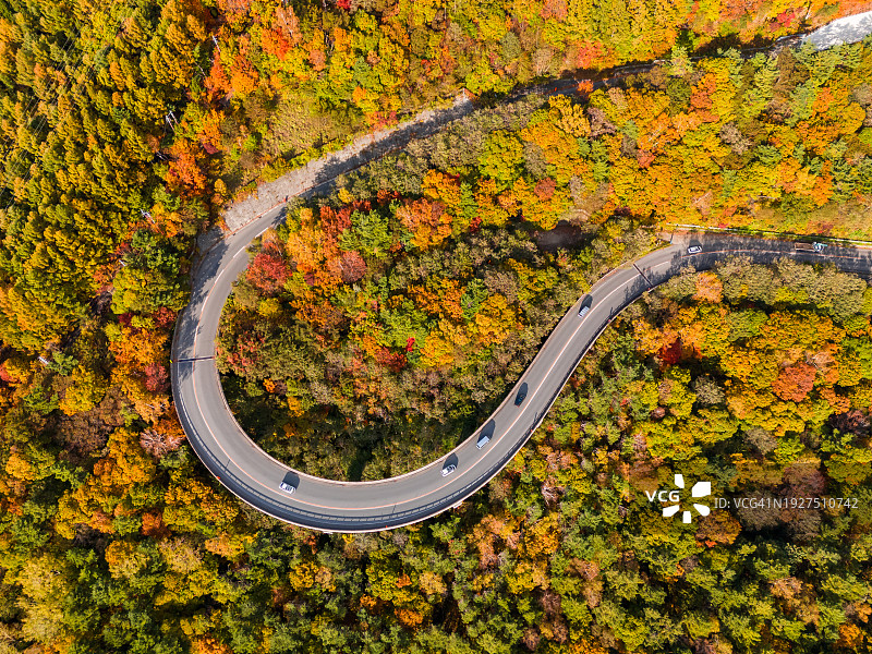 秋季山间蜿蜒公路和彩色景观航拍图片素材