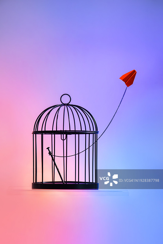 彩色背景下飞出鸟笼的纸飞机，自由与束缚概念图片素材