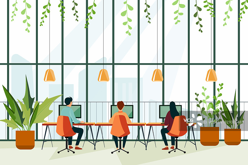 办公室工作概念插画：员工在拥有绿色植物和美丽视野的良好环境中工作，以提高工作效率图片素材