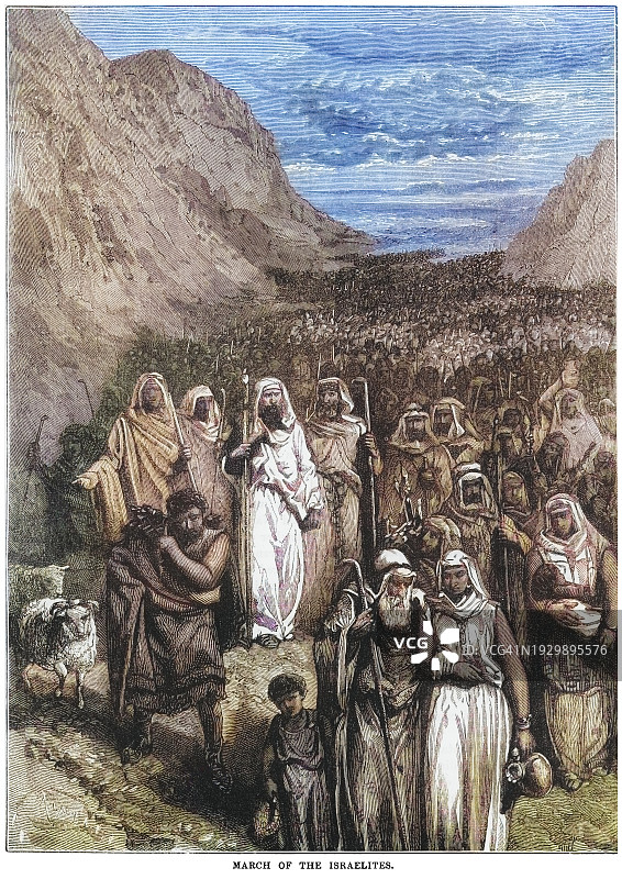 以色列人行军的古老雕刻插图（先知摩西带领以色列人走出埃及，穿过旷野到达西奈山）图片素材