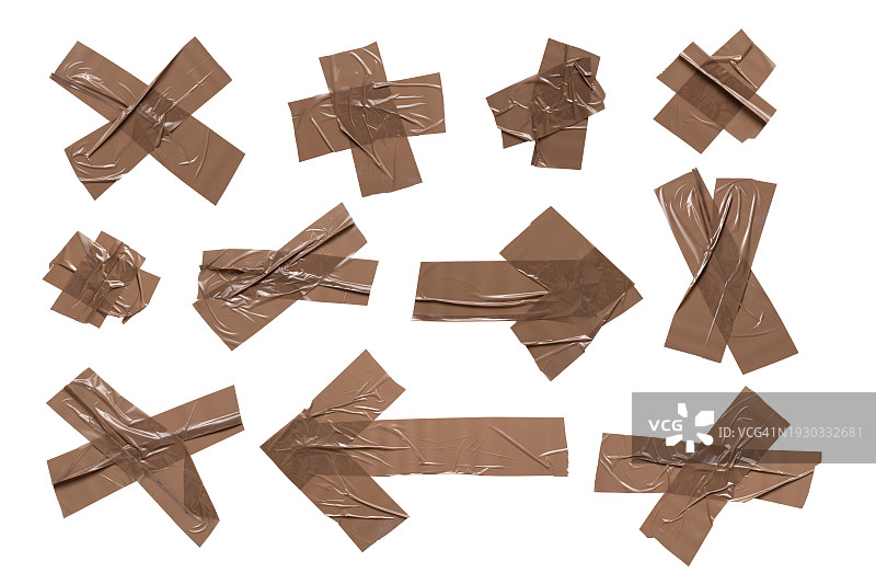 白色背景上由棕色包装胶带制成的箭头和十字形状图片素材