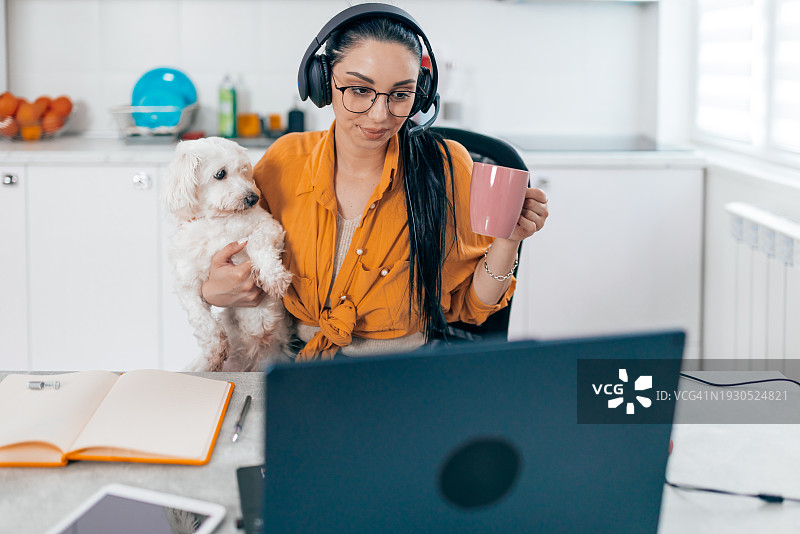 自由职业者与宠物一起管理工作与生活图片素材