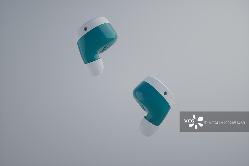 白色背景上漂浮的三维图像中的无线耳机（正面视图）图片素材