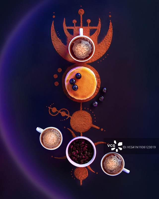 宇宙早餐玉米圈咖啡蓝莓煎饼创意美食平面摆拍图片素材