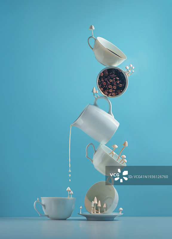 超现实咖啡场景，瓷蘑菇，奇特的静物，创意美食摄影图片素材