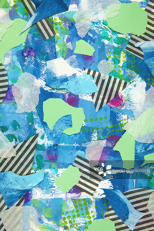 当代抽象形状模拟混合媒体纸拼贴艺术，色彩丰富，俏皮，超现实全框Grunge纹理图片素材