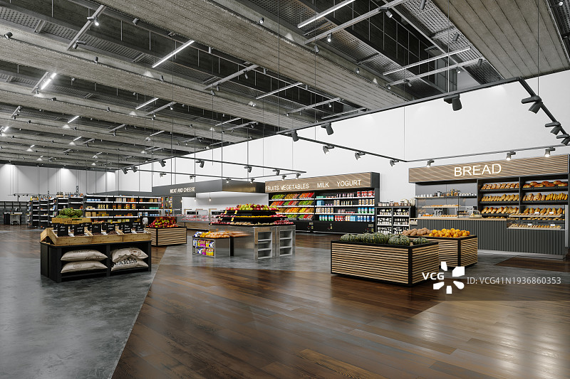 具有空货架和不同商品的超市图片素材