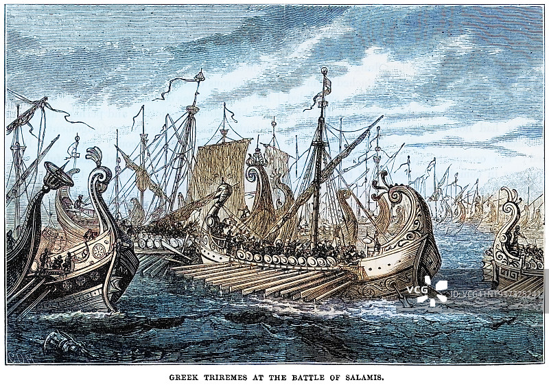 萨拉米斯海战古老雕刻插图：希腊城邦联盟与波斯帝国之战图片素材