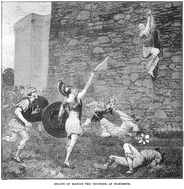 公元前82年萨克里波托战役后，小马略在普莱内斯特试图逃脱的旧版画图片素材