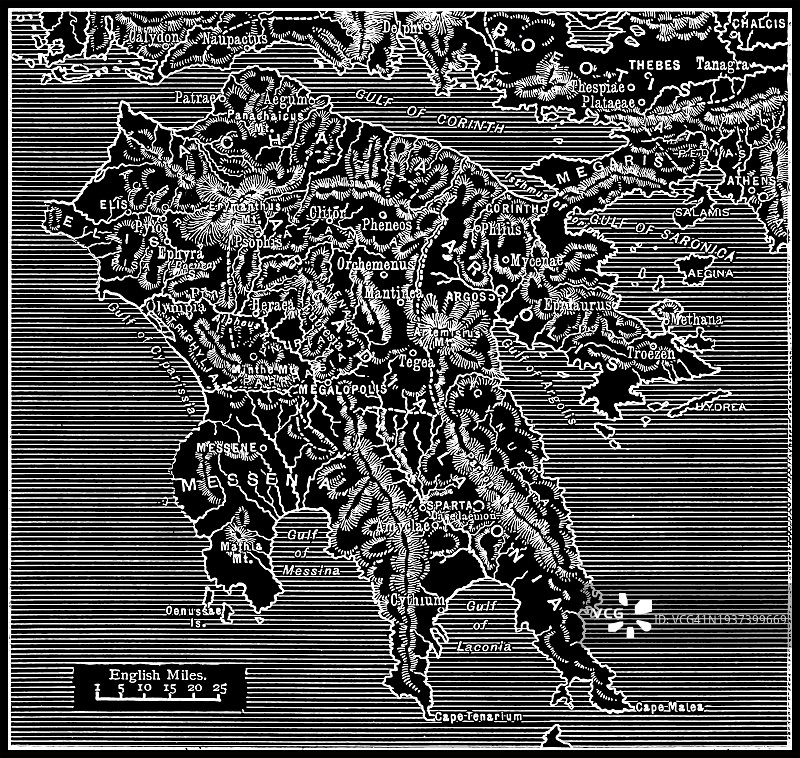希腊伯罗奔尼撒半岛古版画地图图片素材