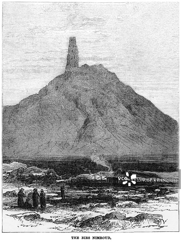 伊拉克巴比伦省神庙遗址的复古雕刻插图图片素材